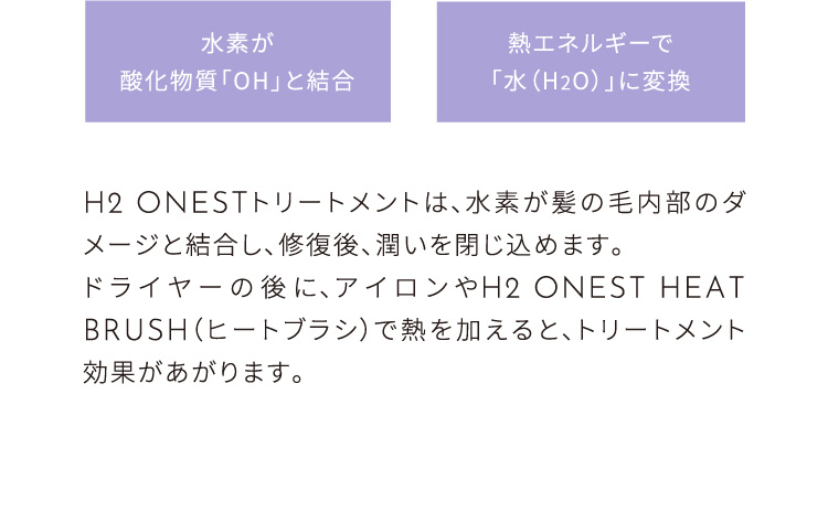 H2ONESTトリートメントは、水素が髪の内部のダメージと結合し、補修後潤いを閉じ込めます。ドライヤーの後にヒートブラシで熱を加えるとトリートメント効果があがります。